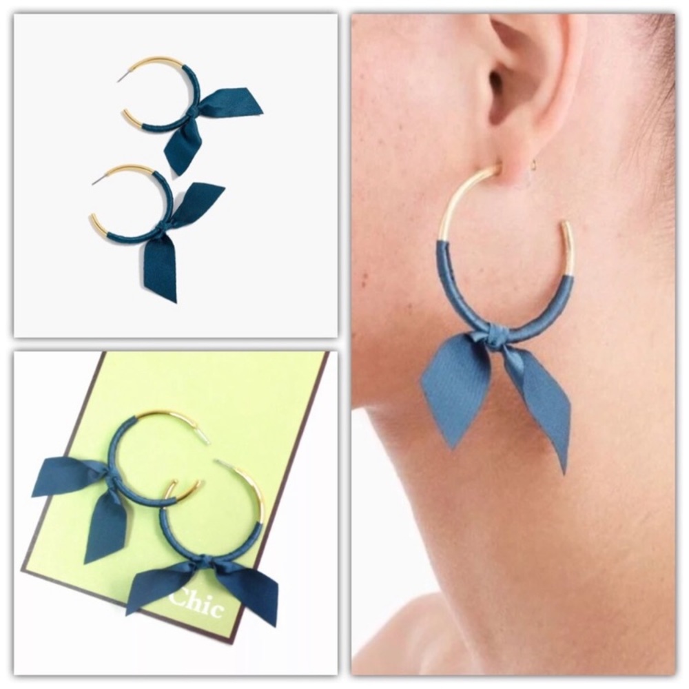 J.Crew Ribbon wrapped Hoop Earrings Deepest Indigo Blue Teal Bow statement